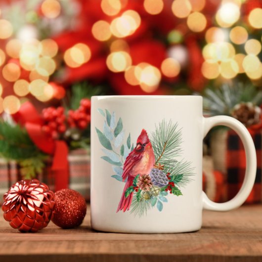Roter Kardinal und Weihnachtsgrün und Pinienbäume Kaffeetasse