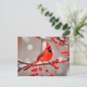 Roter Kardinal Vogel mit Waldbeeren Postkarte (Stehend Vorderseite)