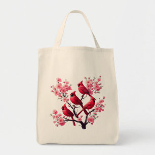 Roter Kardinal Vögel Rosa Kirsche Blossom Tree Bir Tragetasche