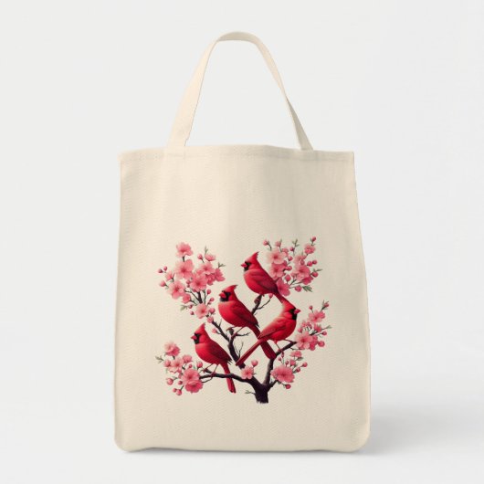 Roter Kardinal Vögel Rosa Kirsche Blossom Tree Bir Tragetasche (Vorne)