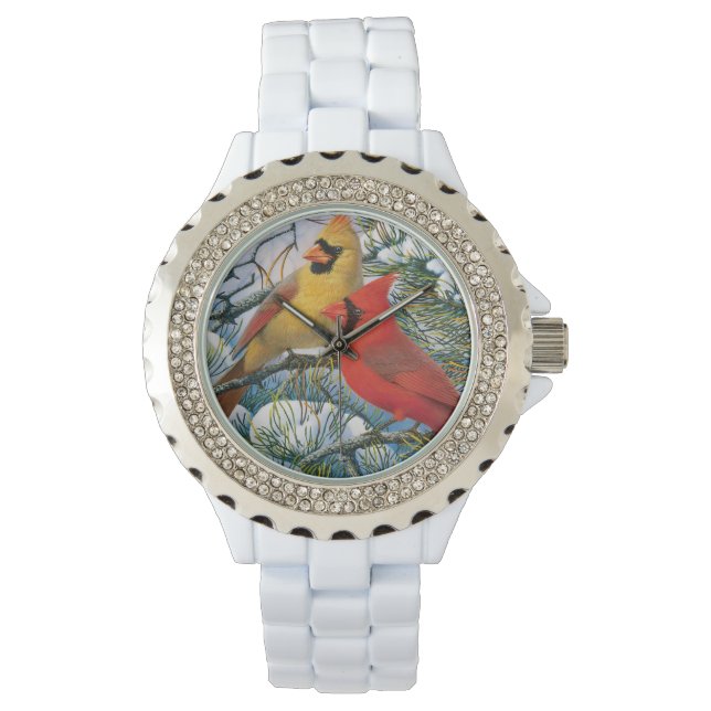 Roter Kardinal Vögel Winter Schnee Chic Niedlich Armbanduhr (Vorderseite)