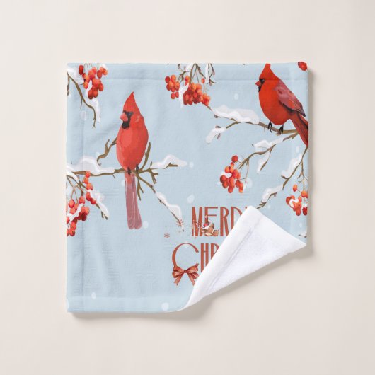 Roter Kardinal Vogelbäume Frohe Weihnachten Blau Badhandtuch Set (Waschlappen)