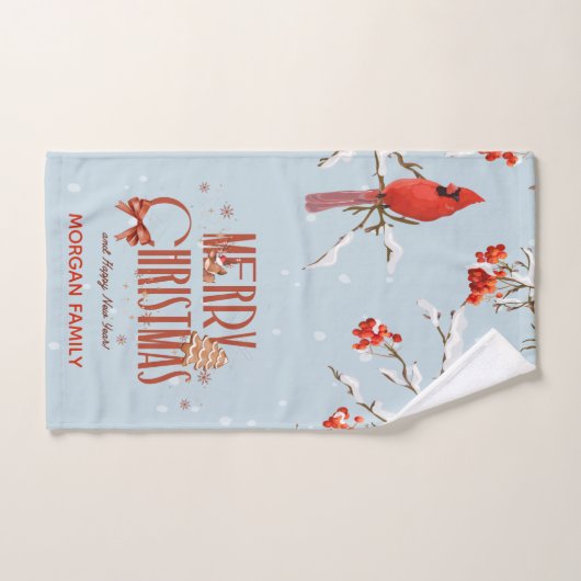 Roter Kardinal Vogelbäume Frohe Weihnachten Blau Badhandtuch Set (Handtuch)