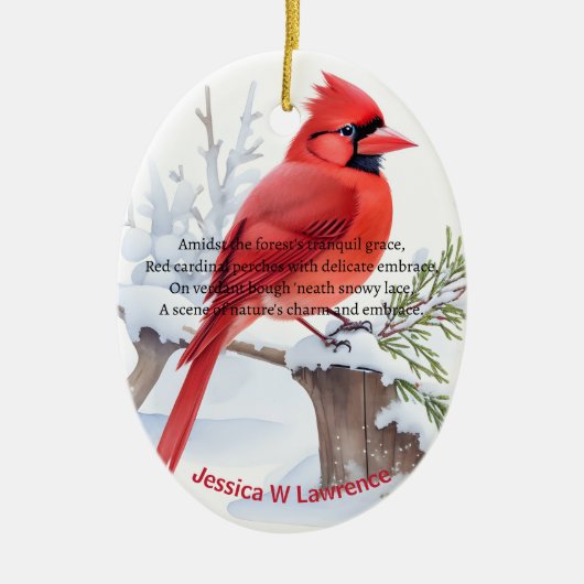 Roter Kardinal Vogelgesang auf einem Baum im Schne Keramik Ornament (Vorne)