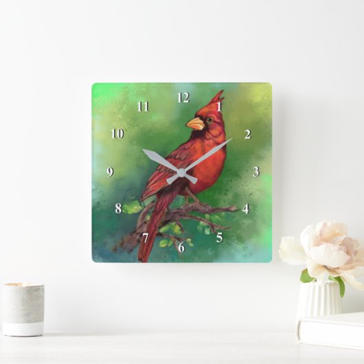 Roter Kardinal-Vogelmauer-Uhr Quadratische Wanduhr (Zuhause)