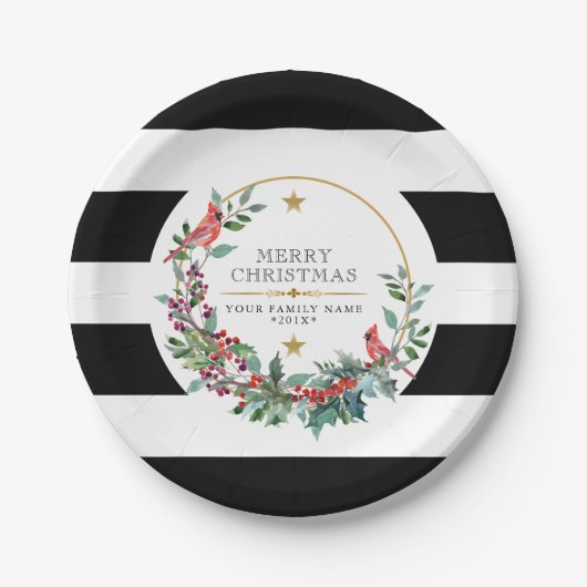 Roter Kardinal Weihnachtskranz in modernen Aquarel Pappteller (Vorderseite)