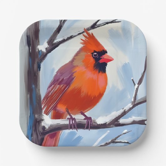 Roter Kardinal Winter Aquarell Pappteller (Vorderseite)