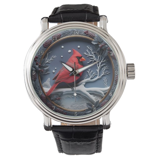 Roter Kardinal Winter Schnee Armbanduhr (Vorderseite)