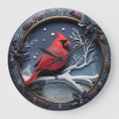 Roter Kardinal Winter Schnee Große Wanduhr (Vorderseite)