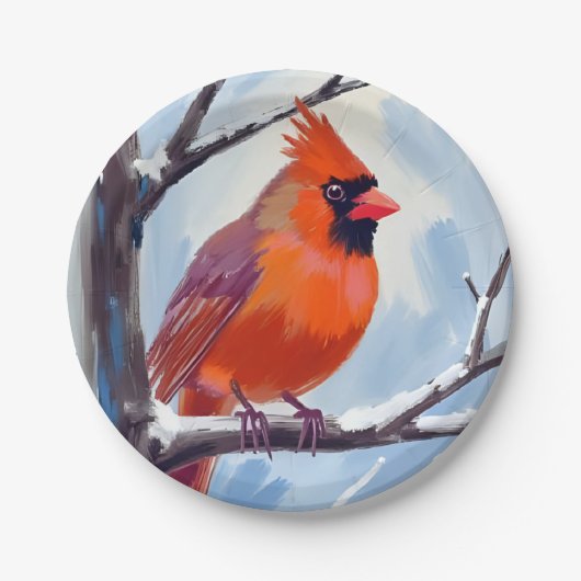 Roter Kardinal Winterfarbe Pappteller (Vorderseite)
