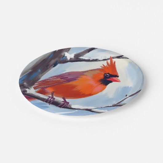 Roter Kardinal Winterfarbe Pappteller (Schrägansicht)