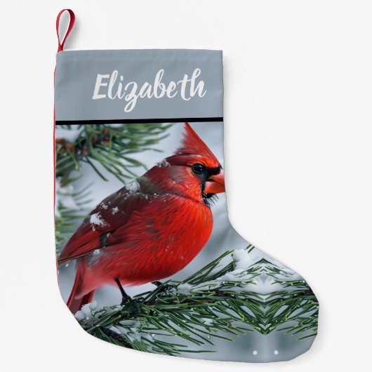 Roter Kardinal Winterschnee Pine Weihnachtsbaum Na Kleiner Weihnachtsstrumpf (Vorderseite)