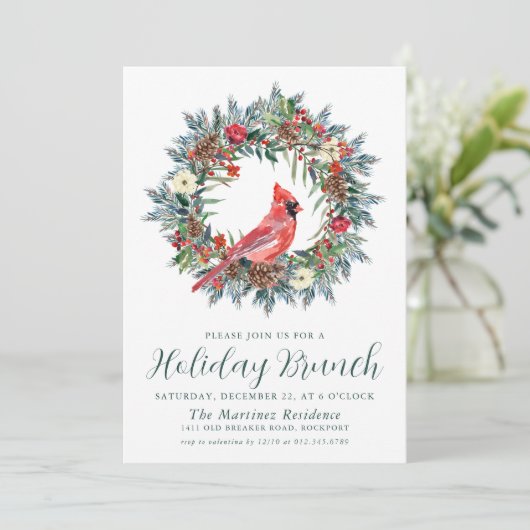 Roter Kardinal Wreath Holiday Brunch Einladung (Stehend Vorderseite)