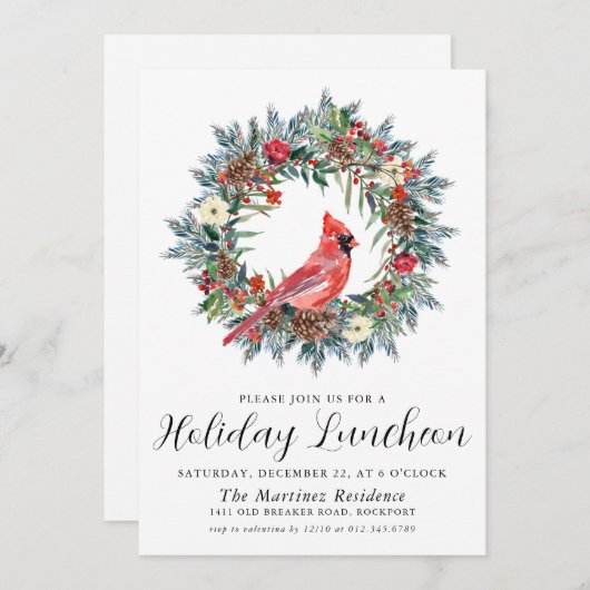 Roter Kardinal Wreath Holiday Luncheon Einladung (Vorne/Hinten)