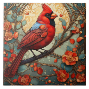Roter Kardinalvogel im Art Nouveau Art Deco Stil Fliese