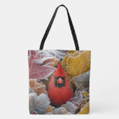 Roter Kardinalvogel in frostigen Herbstblättern Tasche (Vorderseite)