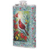 Roter Kardinalvogel mit Gänseblümchen und roten He Flachmann (Links)