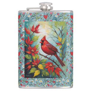 Roter Kardinalvogel mit Gänseblümchen und roten He Flachmann