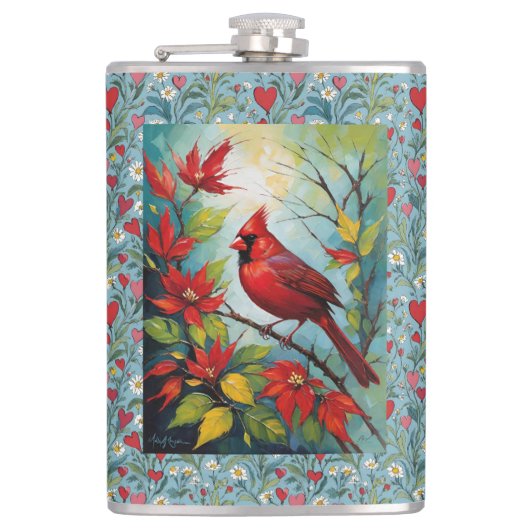 Roter Kardinalvogel mit Gänseblümchen und roten He Flachmann (Vorderseite)