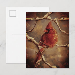 Roter Kardinalvogel-Ölgemälde – Winterzweig Postkarte