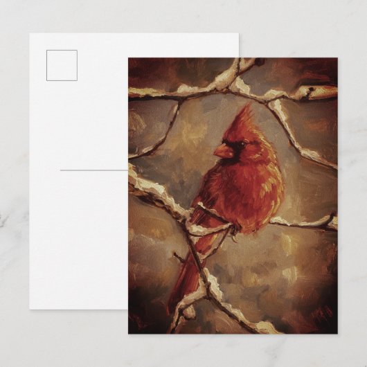 Roter Kardinalvogel-Ölgemälde – Winterzweig Postkarte (Vorne/Hinten)