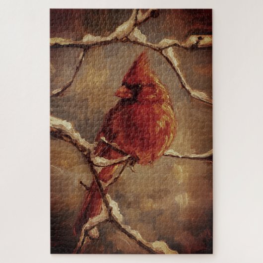 Roter Kardinalvogel-Ölgemälde – Winterzweig Puzzle (Vertikal)