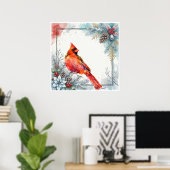 Roter Kardinalvogel Pointsettia Winter Beerengrün Poster (Heimbüro)