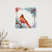 Roter Kardinalvogel Pointsettia Winter Beerengrün Poster (Küche)