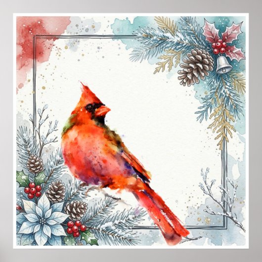 Roter Kardinalvogel Pointsettia Winter Beerengrün Poster (Vorne)