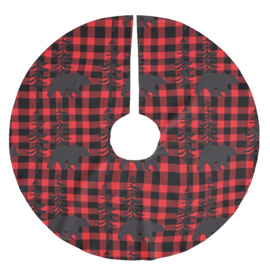 Roter Karierter Bär Silhouette Polyester Weihnachtsbaumdecke (Vorderseite)