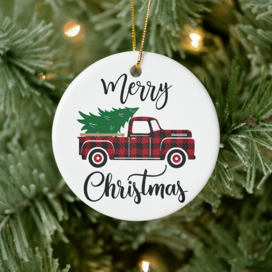 Roter Karierter Lkw Frohe Weihnachtsfeierliche Ker Keramik Ornament (Baum)