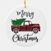 Roter Karierter Lkw Frohe Weihnachtsfeierliche Ker Keramik Ornament (Hinten)