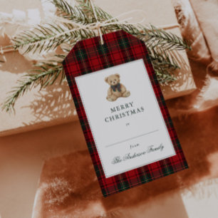 Roter Karo-Teddybär-Weihnachten Geschenkanhänger