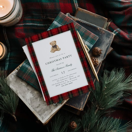 Roter Karo-Teddybär-Weihnachtsfeier Einladung