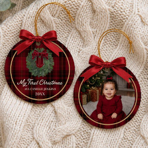 Roter Karo Weihnachtsfoto-Ornament zum ersten Mal Keramik Ornament