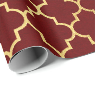 Roter kastanienbrauner goldener Quatrefoil Geschenkpapier