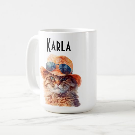 Roter Katzenkaffee mit Hut und Lünette. Kaffeetasse (Vorderseite Links)