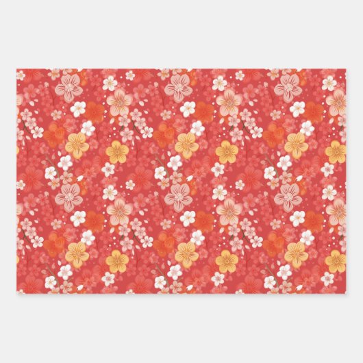 Roter Kirschblossom Bloomscape und Streifen Geschenkpapier Set (Vorderseite)