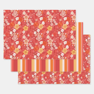 Roter Kirschblossom Bloomscape und Streifen Geschenkpapier Set