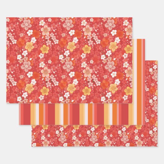 Roter Kirschblossom Bloomscape und Streifen Geschenkpapier Set (Set)