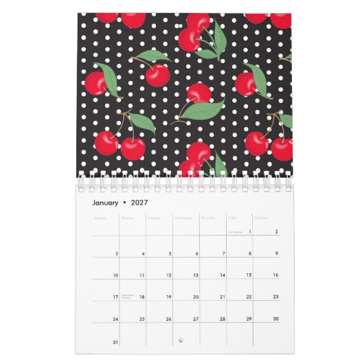 Roter Kirschfrucht Grüne Blätter Schwarz-weiße Pun Kalender (Jan 2027)