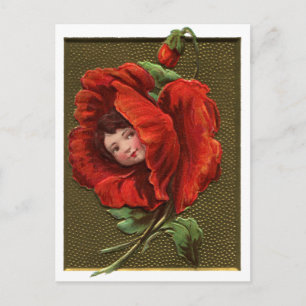 Roter Klatschmohn im Vintage-Stil mit Mädchen Postkarte