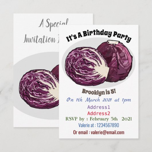 Roter Kohl Cartoon Abbildung Einladung (Vorne/Hinten)