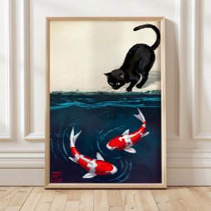Roter Koi-Fisch und Katzen-Druck, Lustige Japanisc Poster