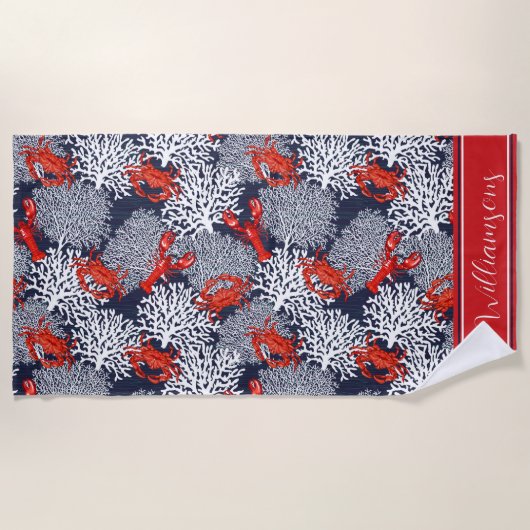 Roter Krebs Hummer Korallenmuster Navy Personalisi Strandtuch (Vorderseite)