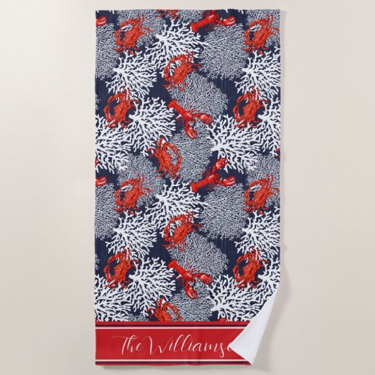 Roter Krebs Hummer Korallenmuster Navy Personalisi Strandtuch (Vorderseite)