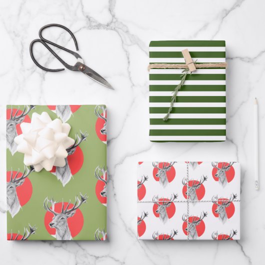 Roter Kreis Grüne Streifen Weihnachtsmuster Geschenkpapier Set (Vorderseite)