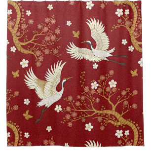 Roter Kronenkranich-Sakura-Muster (1) Duschvorhang
