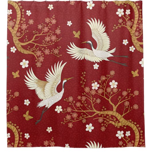 Roter Kronenkranich-Sakura-Muster (1) Duschvorhang (Vorderseite)