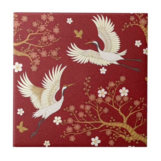 Roter Kronenkranich Sakura-Muster (1) Fliese (Vorderseite)
